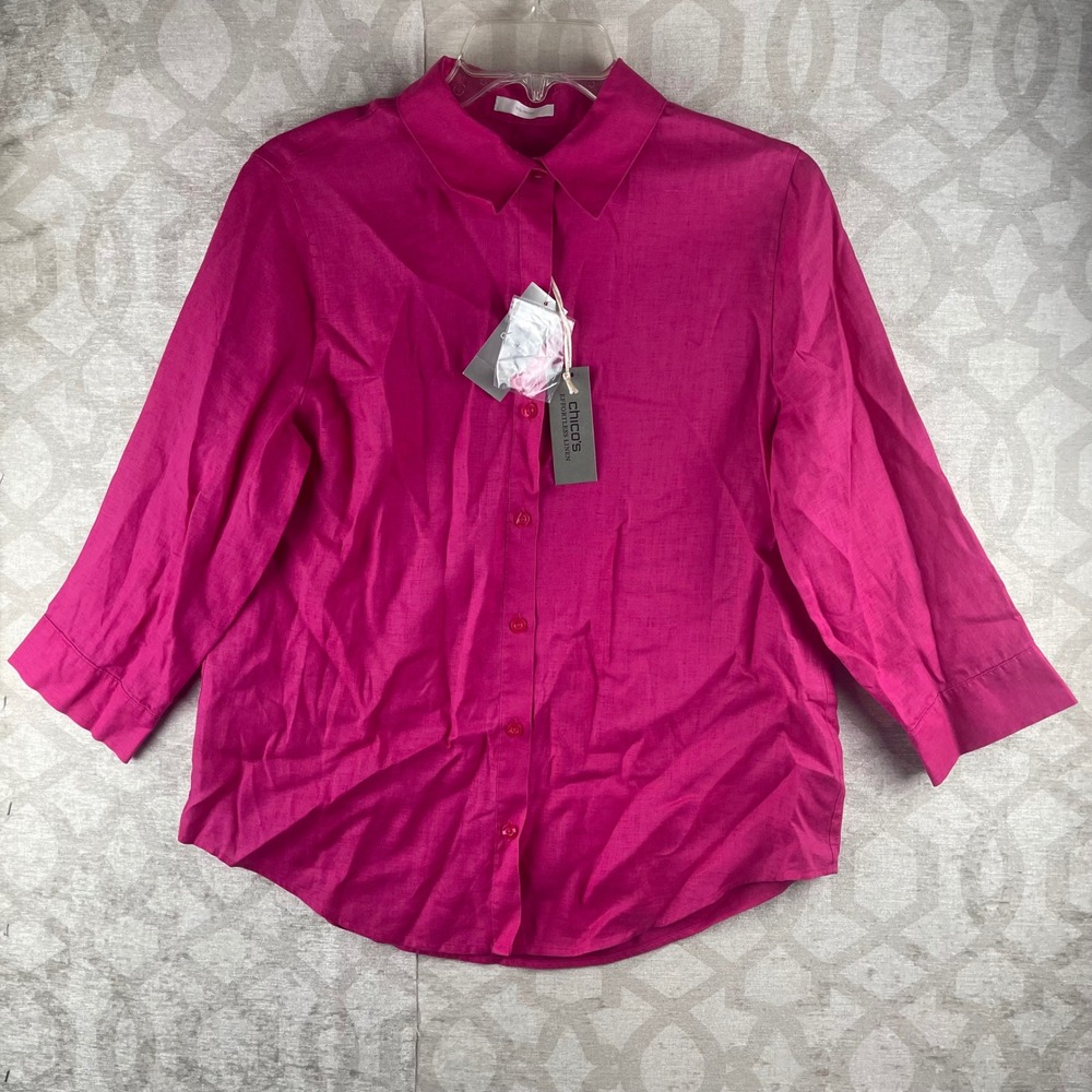 Chico's Effortless Linen Sina II Women's 0 S Pink New 100% Linen Button Up Shirt